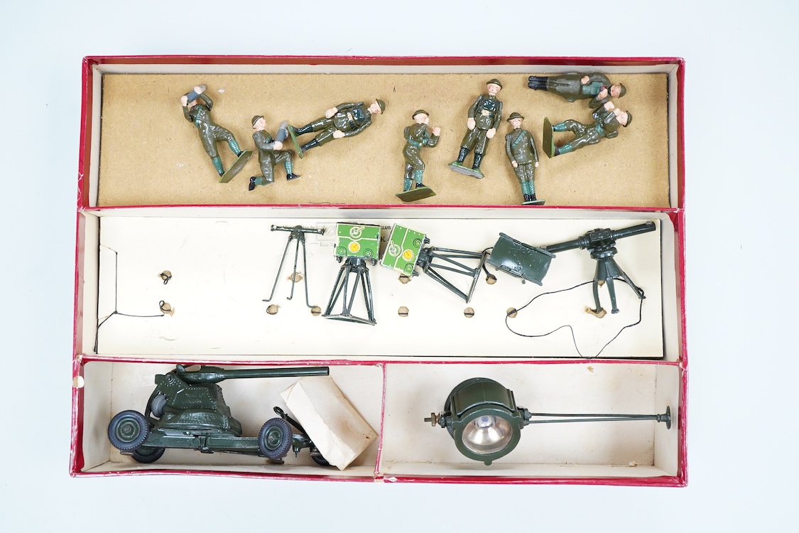 A boxed Britains Anti-Aircraft Unit (set no.2052) display set, comprising of fifteen pieces including; a 12-pdr anti aircraft gun on wheeled mount, a search light, two predictor units, a height finder, a range finder, a